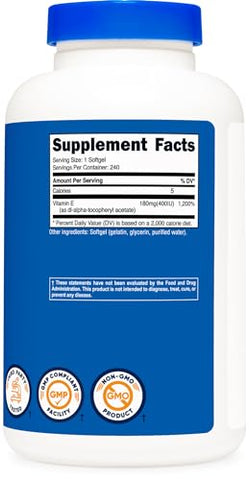 Vitamina E 400 UI, 240 Cápsulas Softgel – Livre de Glúten, Não-OGM - Nutricost