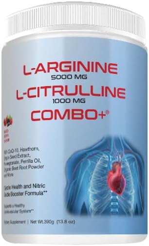 Cardio 911 - L-arginina 5000 mg e L-citrulina 1000 mg Combo, Complexo de Suplemento de Óxido Nítrico, Pó para Saúde Cardiovascular, Sabor de Frutas Vermelhas, 475 g