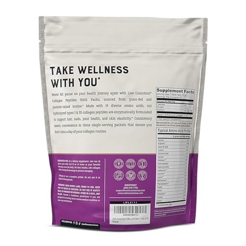 Pó de Peptídeos de Colágeno Live Conscious em Pacotes – Colágeno Hidrolisado em Pó – Cabelo, Pele, Unhas – Embalagem sem Sabor – 100% Natural