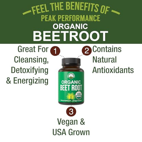 Peak Performance - Cápsulas Veganas de Beterraba Orgânica USDA. Pó de Suco de Beterraba em Cápsulas Super Alimento 1200 mg. Cápsulas de Extrato de Beterraba para Aumento de Energia com Óxido Nítrico. Suplemento de Suporte de Polifenóis para