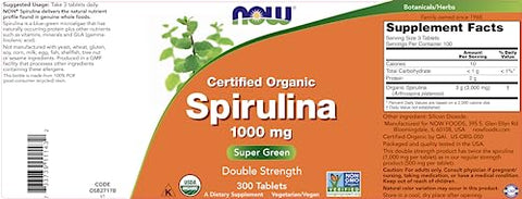 Spirulina Orgânica 1000mg – 300 Comprimidos – Não-OGM, Suplemento Alimentar Verde Super – Dupla Força 1000 mg – Beta-Caroteno Natural (VIT A), B-12 - NOW Foods