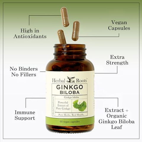 Ginkgo Biloba Herbal Roots – Folha de Ginkgo Pura Orgânica – 1.400mg por Porção, 60 Cápsulas Veganas