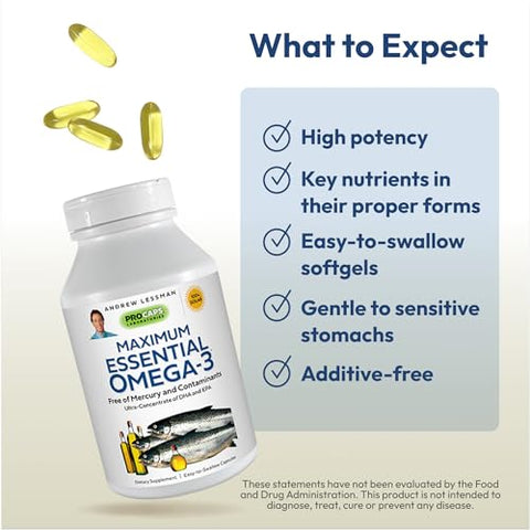 Ômega-3 Essencial Máximo sem Sabor, 60 Softgels – Óleo de Peixe Ômega-3 Ultra Puro 1200 mg – Alto DHA, Óleo de Peixe Ômega 3 sem Mercúrio – Pequeno, Fácil de - ANDREW LESSMAN