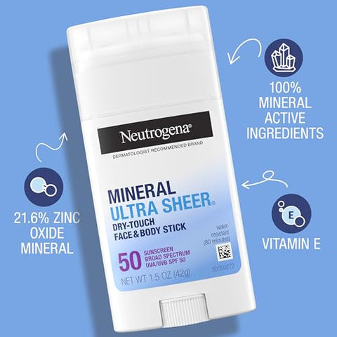 Stick Protetor Solar Mineral Ultra Sheer Dry Touch FPS 50 para Pele Sensível, Rosto – 50g - Neutrogena