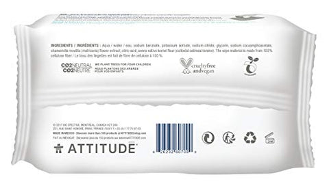 Lenços Umedecidos Naturais para Bebês Sensíveis de Aveia, Hipoalergênicos, Veganos e Livres de Crueldade, Sem Perfume, 72 Lenços - ATTITUDE