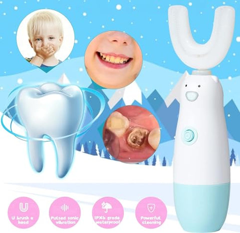 Meqtpomy - Escova de Dentes Elétrica Infantil 6 Modelos de Limpeza à Prova d’Água com Bateria 360 Automática Sonic em Formato U para Crianças de 2 a 7 Anos (Azul)