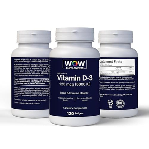 Vitamina D3 5000 UI – 125 mcg, Suplemento de Alta Potência para Saúde Óssea, Dental, Articular, Mamária, Cardíaca e Imunológica* 120 Unidades - WOW Supplements