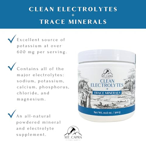 MT. CAPRA SINCE 1928 - Mt. Capra Clean Electrolytes Trace Minerals | Minerais Integrais de Leite de Cabra Alimentada com Grama – Hidratante e Fácil de Misturar | 30 Porções