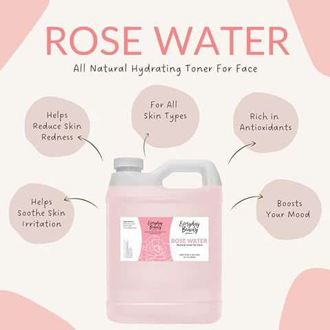 Everyday Beauty Helping You Feel Beautiful Inside And Out - Água de Rosas Tônico Facial – 946ml a Granel Vegano Livre de Álcool, Natural e Refrescante para Rosto e Cabelo – Revitaliza, Calmante