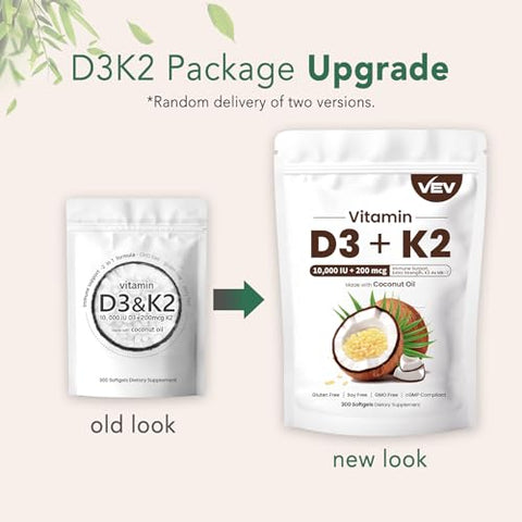 Vitamina D3 Con K2 10000 UI, 300 Softgels de Óleo de Coco Virgem | Vitaminas D 2 em 1 - VEV
