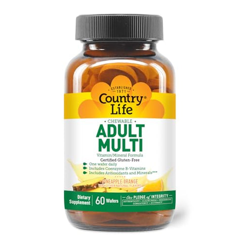 Multivitamínico Mastigável para Adultos Country Life com Coenzima B-Vitaminas, Antioxidantes, Minerais, Sabor Abacaxi-Laranja – Suporta Metabolismo Energético e Saúde Imunológica, Livre de Glúten – 60 comprimidos