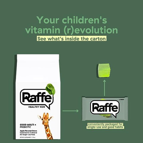 Kids Vitamins com Prebióticos – Multivitamínico Infantil Mastigável sem Açúcar com 50mg de Ômega 3 DHA, 3g de Fibra, Ferro - Raffe
