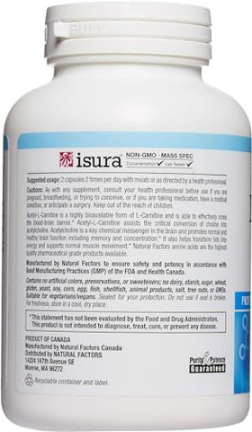 Acetyl L-Carnitine 500 mg – Melhora a Memória, Concentração e Função Cerebral – 120 cápsulas (60 porções) - Natural Factors
