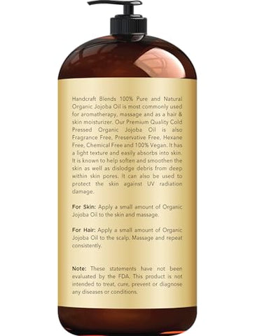 Handcraft Blends - Óleo de Jojoba Orgânico USDA Artesanal – 28 ml – 100% Puro e Natural – Grau Premium para Pele e Cabelo – Óleo Anti-Envelhecimento – Extraído a Frio e Livre de Hexano