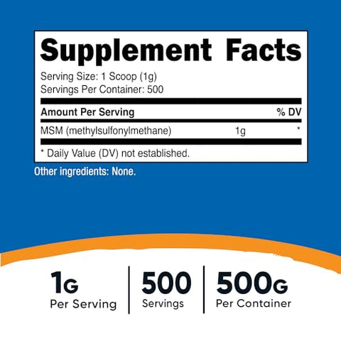MSM Puro em Pó 500g (Metilsulfonilmetano) – Benefícios para Saúde e Bem-Estar - Nutricost