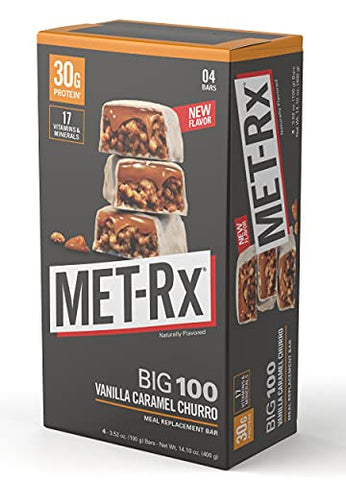 Big 100 Colossal Barras de Proteína, Baunilha Caramelo Churro, Sem Glúten, Alto Teor de Proteína, 4 Unidades - MET-Rx