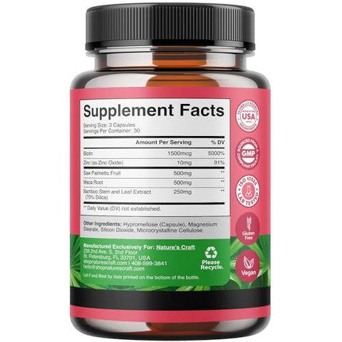 Natures Craft - Saw Palmetto Extra Forte para Mulheres – Bloqueador de DHT Restaurador de Vitaminas para a Saúde Capilar – Cápsulas de Saw Palmetto Puro de 500mg com Raiz de Maca