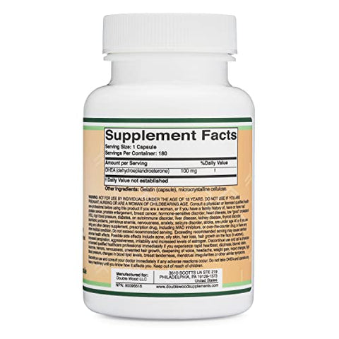 Double Wood Supplements - DHEA 100mg | 180 Cápsulas | Força Máxima 6 Meses | Testado por Terceiros | Equilíbrio Hormonal