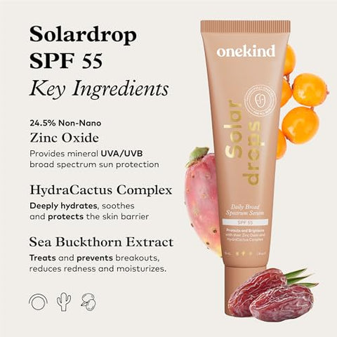 Solardrops SPF 55 – Serum Solar Diário Mineral para Pele Sensível, Defesa Leve contra Rugas, Fórmula Não Comedogênica de Óxido de Zinco com UVA - Onekind