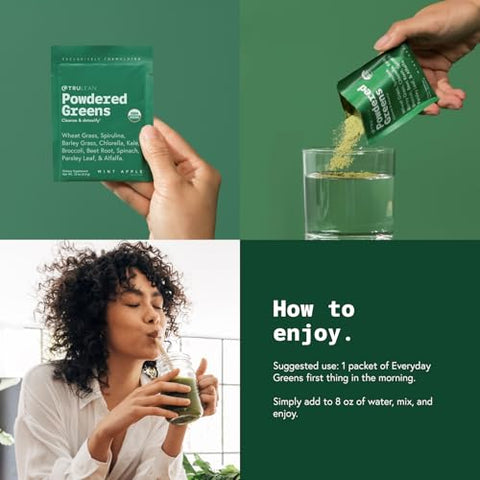 Everyday Greens – Superalimento em Pó de Vegetais Orgânicos – Vegano, Espirulina, Capim de Trigo, Clorela – Sem Glúten, Zero Açúcar – Sabor Menta Maçã – 30g - TRULEAN