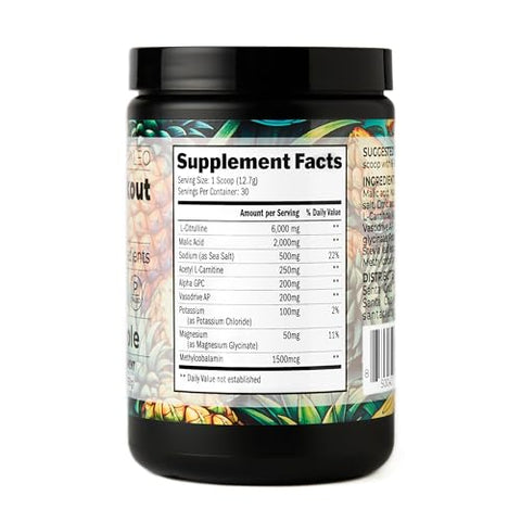 Natural Pré Treino em Pó, Abacaxi, Eletrólitos Pré-Treino Keto com Magnésio, Potássio, L-Citrulina, 150mg de Cafeína, Mistura para Bebida sem Açúcar para Energia - Santa Cruz Paleo