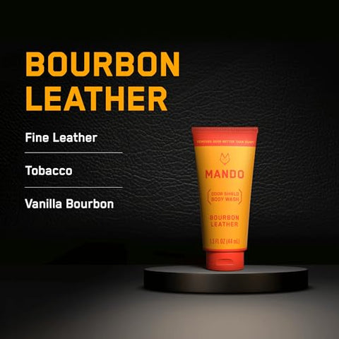 Mini Body Wash – Controle de Odor 24 Horas – Remove Odor Melhor que Sabonete – Tubos de 1,5 Ounce (Embalagem com 4, em 4 fragrâncias: Bourbon Leather, Pro Sport, Mt Fuji, Sem Fragrância) | Mando - Mando