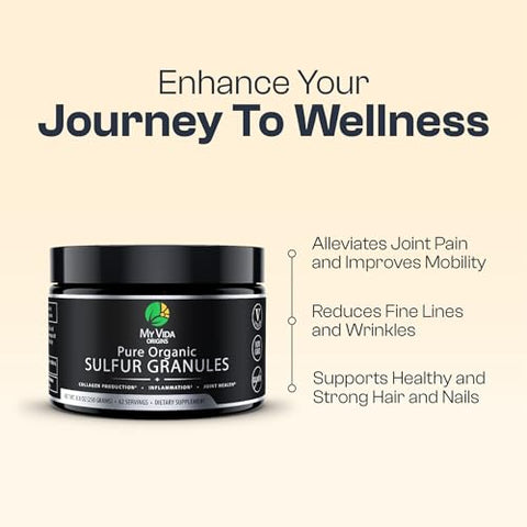 Sulfur Orgânico Puro | Grânulos de MSM 99% Puros para Dor nas Articulações, Inflamação, Energia, Cabelo, Pele e Unhas | Não-OGM, Vegano, Sem Glúten (62 Porções) 2g - My Vida Origins
