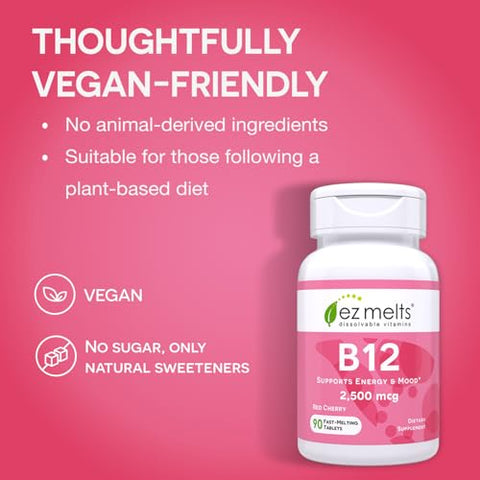 B12 Vitamina Sublingual 2.500 mcg, Metilcobalamina, Sem Açúcar, Suprimento de 3 Meses - EZ Melts