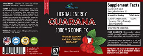 YUMMYVITE - Guarana Natural Energy 1000MG – 200MG de Cafeína Herbal (2 xícaras de café), antioxidantes, Aumenta a Energia, Comprimidos de Cafeína Natural, 90 Comprimidos