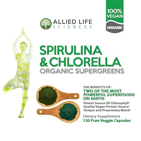 Allied Life Sciences - Allied Life Spirulina e Chlorella | Cápsulas de Superfood Verde em Pó de Proteína Vegana e Clorofila Orgânica | Suporte Natural ao Sistema Imunológico (Pacote com 3 Frascos)