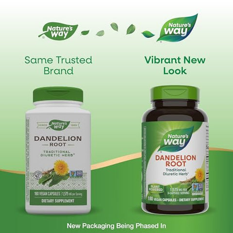 Nature's Way - Nature’s Way Dandelion Root – Diurético Tradicional, Vegano, 180 Cápsulas (Embalagem Pode Variar)