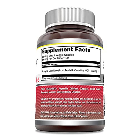 Amazing Nutrition - Amazing Formulas Acetyl L-Carnitine Hcl | 500 mg por Porção | 120 Cápsulas Vegetarianas | Não-OGM | Livre de Glúten | Fabricado nos EUA