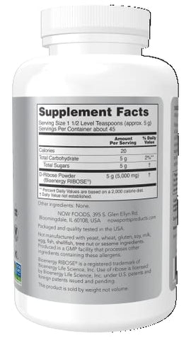 Sports Nutrition, Pó de D-Ribose 5.000 mg, Certificado Não-OGM, Produção de Energia, 8-Ounce (236 ml) - NOW Foods