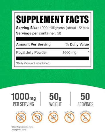com Pó de Geleia Real – Suplemento de Geleia Real, 1000mg de Geleia Real – para Suporte Imunológico, Sem Glúten, 1000mg por Porção, 50g (Pack de 1) - BulkSupplements