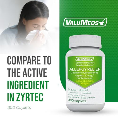 24-Hour Allergy Medicine (300-Count) | Antialérgico para Pólen, Rinite Alérgica, Olhos Secos e Coceira | Cetirizina HCl 10mg, Comparável ao Zyrtec - ValuMeds