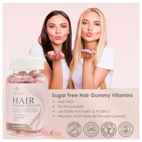 Nature's Nutrition - Vitaminas para Cabelo Livres de Açúcar em Gomas com Biotina 5000 mcg, Vitamina A, B12, C, D, E, Ácido Fólico, Suporta o Crescimento Capilar em Goma, Amigável para Vegetarianos, Suporta Cabelos Fortes e Bonitos