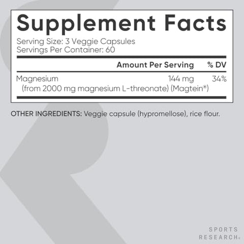 Magtein Magnésio L-Treonato Cápsulas – Suplemento de Magnésio para Memória e Concentração - Sports Research