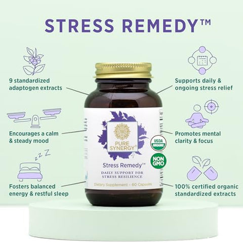 Remédio para Estresse | Suplemento para Alívio do Estresse com Ashwagandha | Suporte Orgânico de Adaptógenos com Rhodiola, Melissa e Manjericão Sagrado | para Estresse, Saúde Adrenal e - PURE SYNERGY