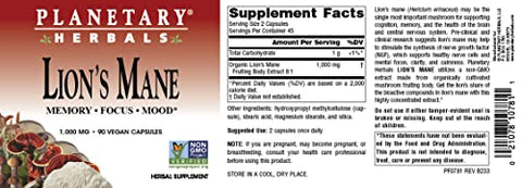 Lion’s Mane: Memória, Foco e Humor* – 1.000 mg, 90 Cápsulas Veganas - Planetary Herbals