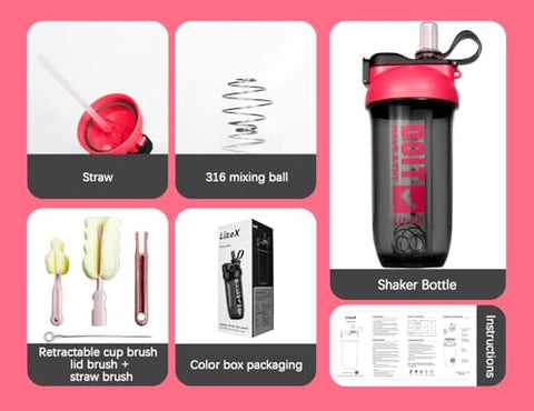 Shaker Bottles para Shake de Proteína, 26oz Blender Shaker Bottle para Pré-Treino, Copos Shaker com Canudo, Garrafas Misturadoras BPA-free Tritan para Pó de Proteína, com Escova para Copo e - Litex