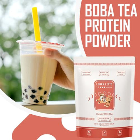 Lunar Lifts Nutrition - Pó de Proteína de Chá com Leite Clássico Boba | Isolado de Proteína Whey | 26g Proteína Whey de Pasto | Sem Açúcar Adicionado ou Ingredientes Artificiais | Pó de Proteína para Bubble Tea