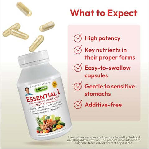 Essential-1 Multivitamina 3000 UI Vitamina D3 180 Cápsulas Pequenas – 100 mcg Metil B12. CoQ10 Luteína Licopeno Zeaxantina. Alta Potência. Sem Aditivos. Suave - ANDREW LESSMAN