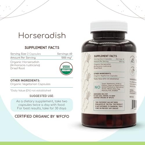 HerbEra - Horseradish Orgânico USDA 120 Cápsulas | Suplemento Herbal Natural | Cápsulas Vegetarianas Certificadas Orgânicas e Raiz Seca de Horseradish Orgânico (Armoracia rusticana) (120 Cápsulas)
