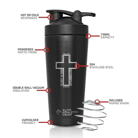 Copo Shaker de Aço Inoxidável Elite Athletic Gear – 25oz (750ml) – Isolamento a Vácuo para Proteínas, Pré-Treino, Batidas (Cross)