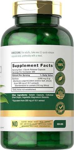 Extrato de Bambu Cápsulas | 3000mg | 300 Unidades | 210mg Sílica | Suplemento Sem OGM, Sem Glúten - Carlyle