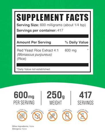 com Extrato de Arroz Vermelho em Pó – Suplemento de Arroz Vermelho, 600 mg – Suplemento Herbal, Sem Glúten, 600mg por Porção, 250g (8.8 oz) (Embalagem de 1) - BulkSupplements
