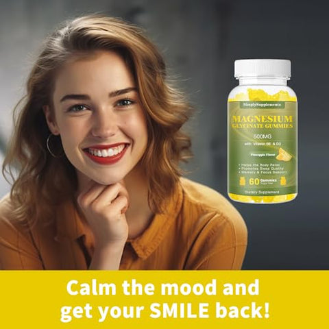 SimplySupplements - Magnesium Glycinate Gummies 500mg – Suplemento de Magnésio Mastigável com Vitamina D3, B6, CoQ10 para Relaxamento e Sono Profundo