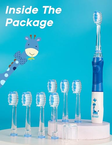 Escova de Dentes Elétrica SEAGO Kids com Temporizador de Escovação de 2 Minutos e 8 Cabeças de Escova Substituíveis, Luz LED Arco-Íris para Tornar a Escovação Divertida, Azul para Meninos, Escova de Dentes a Pilha para Crianças de 4 a 12 Anos