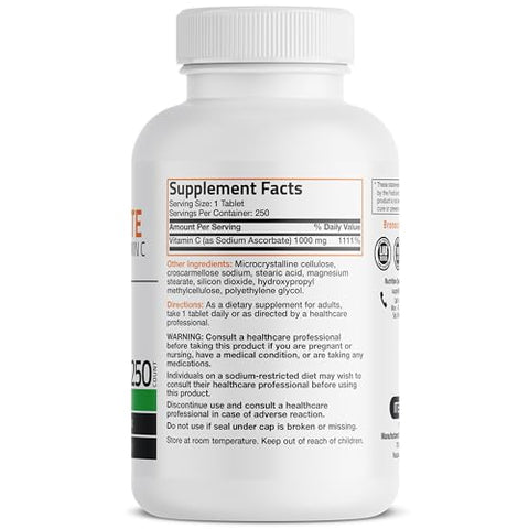 Bronson - Vitamina C Não Ácida Ascorbato de Sódio 1000 Mg – Comprimidos Suaves para o Estômago – Reforço do Sistema Imunológico – Poderoso Antioxidante – Suplemento de Vitamina C Não OGM, 250 Unidades