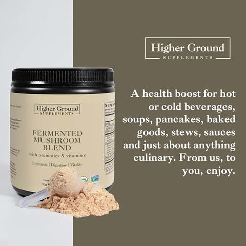 Higher Ground Supplements - Blend de Cogumelos Fermentados | 6 Cogumelos Premium | Prebióticos, Fibras e Vitamina C para Imunidade | Não-OGM | Sem Glúten | 210g